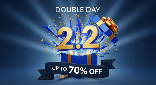 Image of golden "2.2" numbers over opened blue gift box and "Up to 70% off" ribbon, on the blue background, representing promotional double day sale - Powered by Adobe