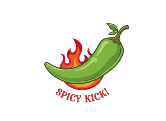 Pixel Art Green Chili Pepper Fiery Explosion Illustration with Spicy Kick Text and Black Background