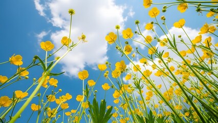 Buttercups field against blue sky with clouds