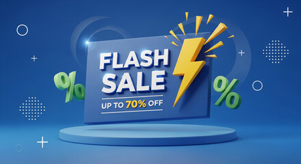 3D render of flash sale banner with yellow lightning. Blue background, geometric shapes, platform. Showcase of discount, business advertisement