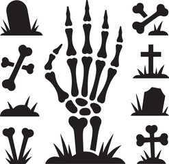 Spooky Halloween graveyard graphic illustration with skeleton hand and tombstones