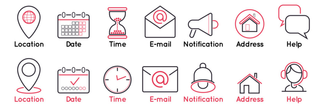 Icons UI. Date and time clock symbols. Business logo design. Sign for UI. Business schedule. Calendar label. Location map GPS pin. Notification megaphone. Interface menu office. Vector elements set