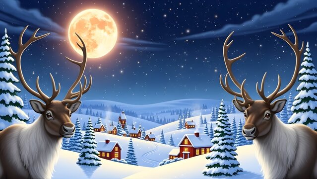 Christmas night scene with reindeer snowy landscape and a bright full moon creating a festive holiday atmosphere isolated on white background - Powered by Adobe
