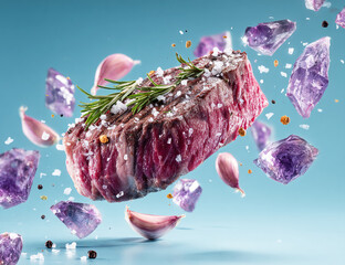 A photorealistic, high-resolution product photo of a steak seasoned with rosemary and salt, floating in the air surrounded by purple crystals and garlic clove pieces against a light blue background.