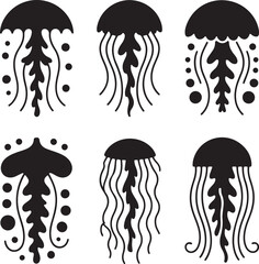 Stylized Black and White Jellyfish Illustrations with Various Designs and Tentacles