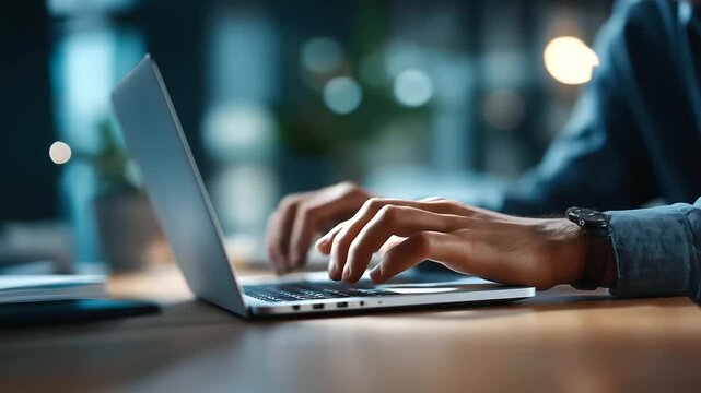 Hands adjusting laptop screen angle face obscured screen positioning workspace setup computer adjustment ergonomic work laptop use desk arrangement background defocused