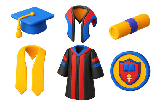 Academic Regalia Icons. 3D icon set of academic regalia: mortarboard, doctoral hood, graduation gown, diploma case, honor stole,