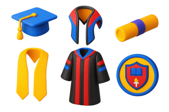 Academic Regalia Icons. 3D icon set of academic regalia: mortarboard, doctoral hood, graduation gown, diploma case, honor stole,