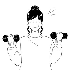ダンベルを持つ女性　白黒イラスト