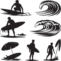 Surfing Beach Life Silhouettes Collection Vector Illustration for Design