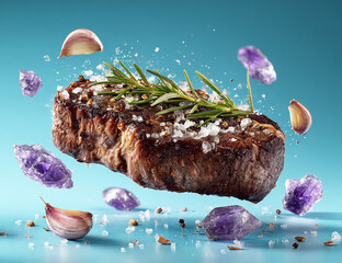 A photorealistic, high-resolution product photo of a steak seasoned with rosemary and salt, floating in the air surrounded by purple crystals and garlic clove pieces against a light blue background.