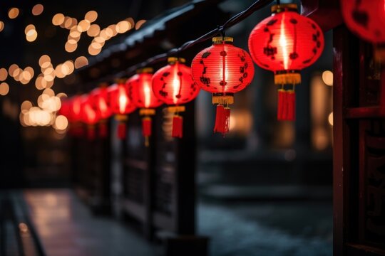 Red chinese lanterns hanging night architecture.