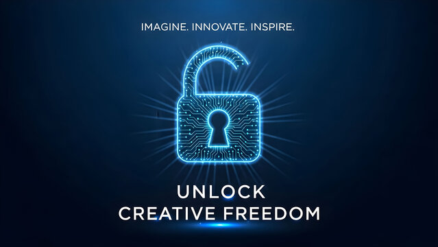 Glowing digital padlock unlocking creative freedom on a dark blue background