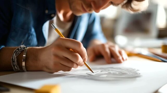 Hands erasing and refining pencil sketch face obscured sketch revision drawing refinement pencil work design editing hand illustration sketch process paper and eraser work