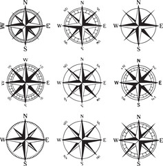Variety of Compass Rose Designs Black and White Vector Illustration