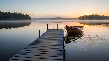 Serene Lake at Dawn with Dock and Boat.