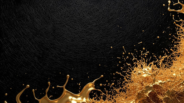 Elegant black textured background with a splash of flowing liquid gold design