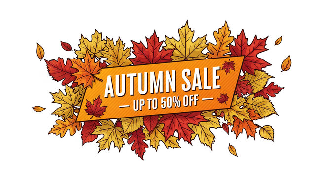 Autumn sale banner with red, orange and yellow leaves. Concept of seasonal discount for marketing campaign, representing autumn and special offers