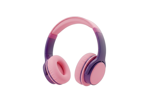 Pink and Purple Over Ear Headphones Isolated on Black Background with Subtle Lighting and Gradient Colors on Earpads and Headband
