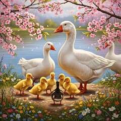Geese family with duckling under cherry blossoms
