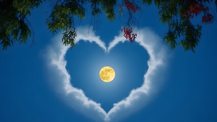 Heart shaped clouds with moon in center