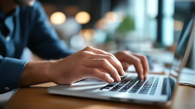 Hands typing on laptop keyboard face completely hidden computer work digital design typing activity keyboard focus work in progress laptop use desk workspace defocused wit