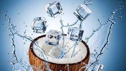 Coconut with ice cubes and water splash