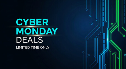 Image of Cyber Monday deals, with circuit board graphic in blue and green, symbolizing technology, offering, and limited time for shopping promotion