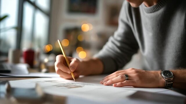 Hands sketching with pencil on paper face not visible hand drawing sketch work pencil illustration design drafting traditional drawing sketch process paper and pencil desk