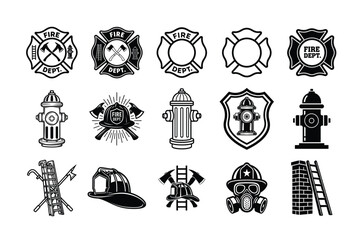 Firefighter Icons Set – Helmets, Axes, Hydrants, Ladders & Badges