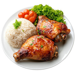 Juicy roasted chicken legs rest on a plate next to fluffy rice, fresh greens, and vibrant cherry tomatoes.