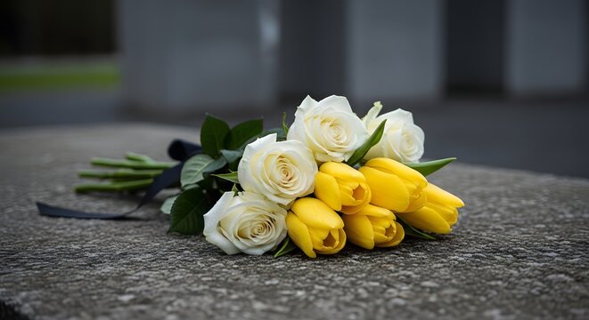 White roses and yellow tulips bouquet with a black ribbon placed on a stone for International Holocaust Remembrance Day concept of solemn commemoration and tribute