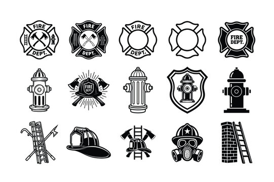 Firefighter Icons Set &ndash; Helmets, Axes, Hydrants, Ladders & Badges