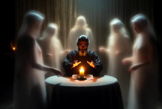 Mystical S?ance with Medium and Spectral Entities in Dimly Lit Room Environment