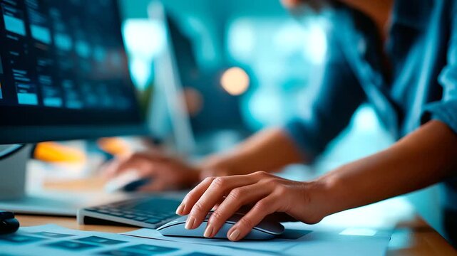 Hands using mouse to design website interface face not visible web design work UI creation website layout design process computer work mouse and screen office defocused