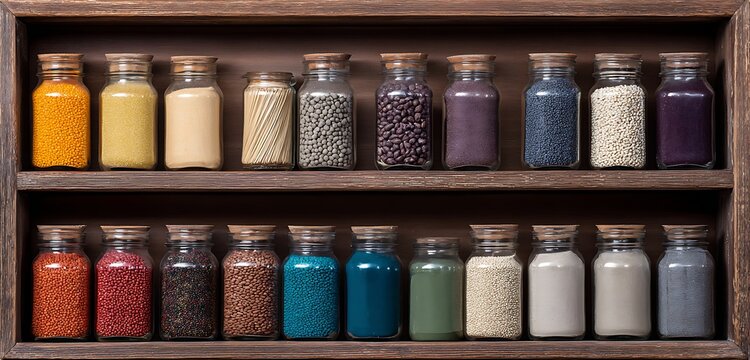 Kitchen shelf filled with jars pulses grains colorful