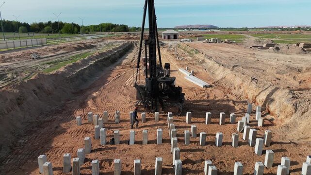 A diesel piling rig is actively driving concrete piles into the ground as part of a construction project in a rural location under clear skies.