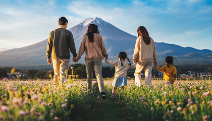 Japanese Family walking hand in hand in flower field with Mount Fuji view