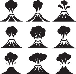 Volcano eruption icons collection showing different stages of activity