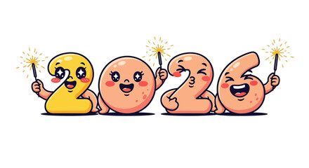 Cute numbers celebrating 2026 New Year with sparklers for festive greeting cards
