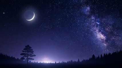 Fototapeta premium Serene Nightscape - Crescent Moon, Starry Sky, and Forest Silhouette.