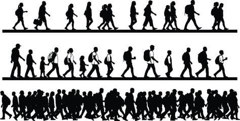 Silhouettes of diverse people walking in groups and lines, representing crowd movement, urban lifestyle, commuting, daily activity, transportation and motion