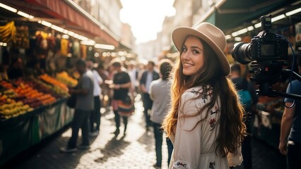 Fototapeta premium Smiling woman enjoying the vibrant atmosphere of a bustling market.