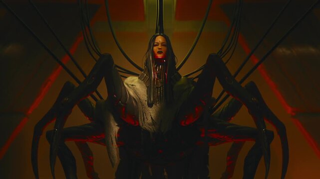 3d animation of beautiful, sad spider girl with long black hair in torn cloak hangs on wires connected to her spine and hacks the security system. Atmospheric volumetric light in futuristic interior.