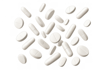 White medicine pills and capsules floating, falling, or dropping, creating an essential concept of health and pharmacy on a transparent background