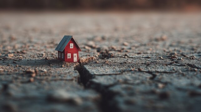 Miniature house on dry ground with a deep foundation crack symbolizing structural failure and safety hazard.