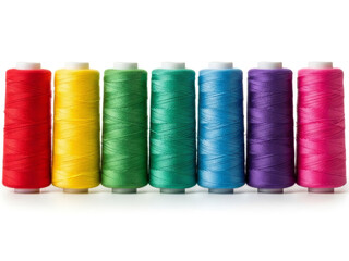 A row of colorful spools of thread on a white background, ideal for sewing supplies and DIY crafting promotions.