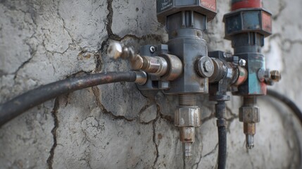 Close-up of pipe fitting and pressure gauge on cracked concrete wall conveying foundation inspection service. repair concept indicating leak detection and structural distress.