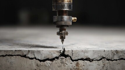 Injection nozzle injecting resin into a concrete crack in a basement floor, repair process and waterproofing application.
