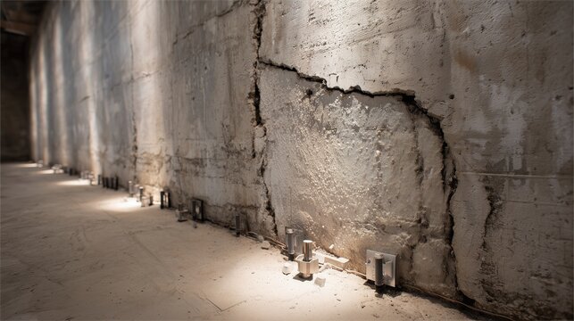 Basement foundation wall with large vertical crack, exposed footing edge, and monitoring posts indicating foundation inspection and structural assessment.